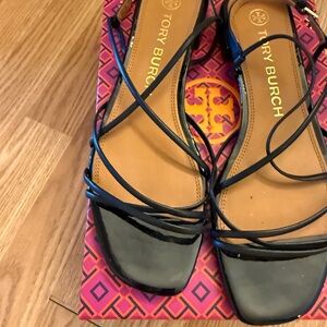 Tory Burch Black Strappy Square-Toe Leather Sandals